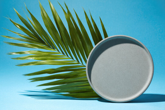 Gray empty decorative plate and green palm leaf on blue background, product and cosmetic display stage 