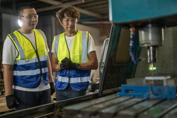 Fototapeta premium Thai father with curly hair and his teen son in a vintage family metal workshop, dad clasps his gloved hands together at waist, son stands at left with arms, family enterprise mentorship