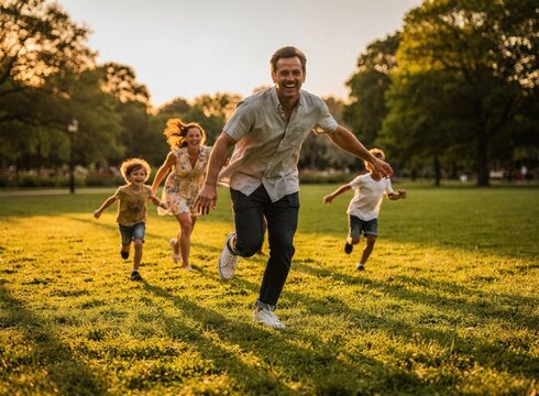 Joyful family running and laughing together across green park lawn at golden sunset, representing active lifestyle, togetherness, parenthood and happy outdoor family recreation time.