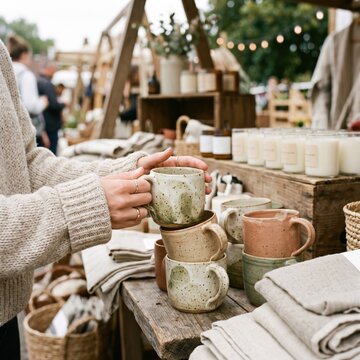 Close up of hands stacking handcrafted ceramic mugs at outdoor artisan market stall, representing pottery craftsmanship, handmade goods, small business and local market shopping trip.