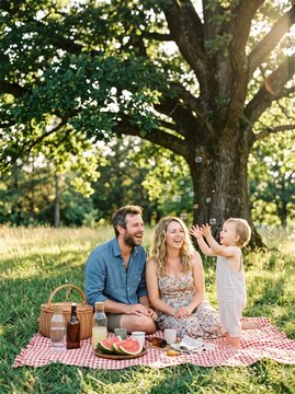 Joyful family with toddler catching soap bubbles during outdoor picnic under tree, representing happiness, parenthood, summer leisure and quality family bonding time together outdoors.