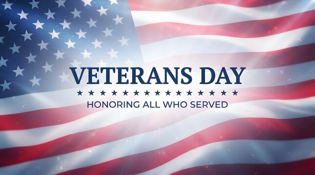 Veterans day greeting card design with text honoring all who served against a waving american flag background