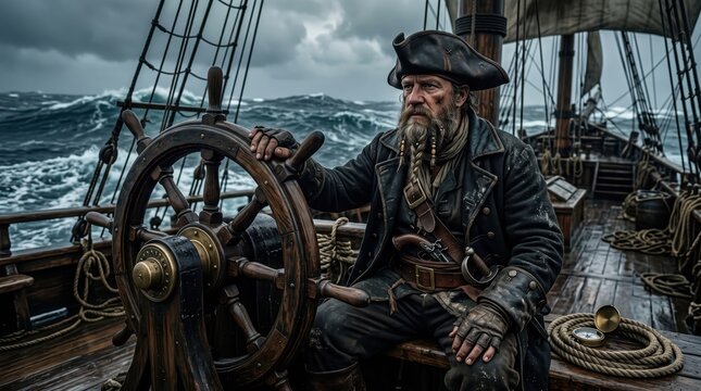 Middle aged male pirate captain gripping ship wheel at helm on stormy sea, determined expression while steering and navigating through rough ocean conditions