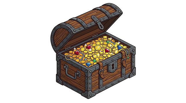 Ancient Wooden Treasure Chest Overflowing with Gold Coins and Jewels Illuminated by Soft Light Isometric View