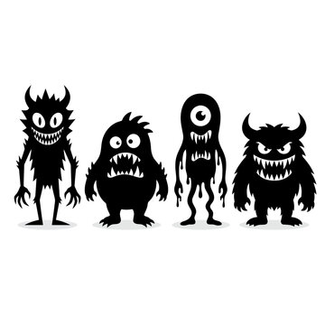 Set of cute and funny black horror monsters, funny cartoon sprites with big teeth, spooky illustrations for Halloween design, logo, kids fun collection isolated on White Background Halloween