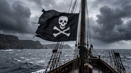 Naklejka premium Pirate ship bow with jolly roger flag flying in stormy open sea near rocky coastline, wooden mast and rigging under overcast sky, ominous nautical scene