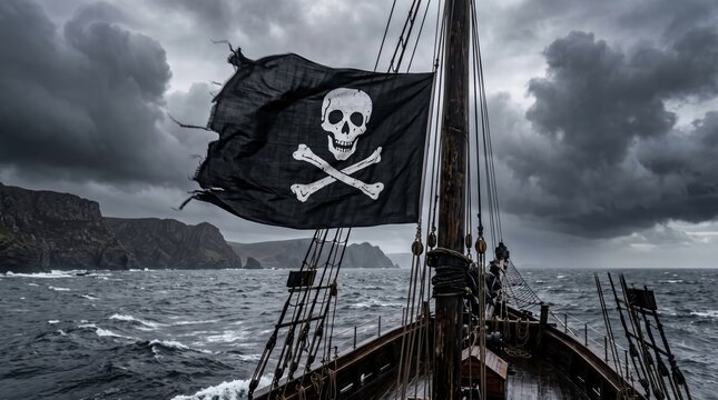 Pirate ship bow with jolly roger flag flying in stormy open sea near rocky coastline, wooden mast and rigging under overcast sky, ominous nautical scene