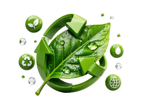 Green leaf with recycling arrows and water drops symbolizing nature conservation and environmental sustainability.