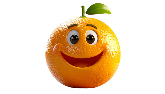 Smiling orange, 3D cartoon, shiny texture, isolated on transparent background and white background