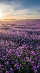 Fototapeta premium Vast Lavender Field Under Golden Sunset Sky with Sun Rays.