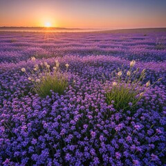 Fototapeta premium Vast Lavender Field Under Golden Sunrise Sky.