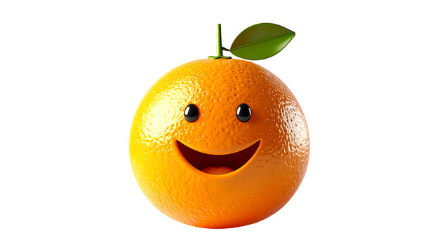 Smiling orange, 3D cartoon, shiny texture, isolated on transparent background and white background