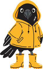Obraz premium Cute Raven Wearing Yellow Raincoat and Boots