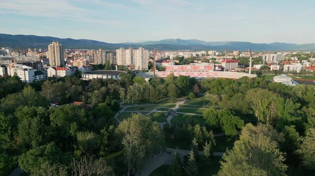 Aerial view of nis city and park at sunset in serbia
