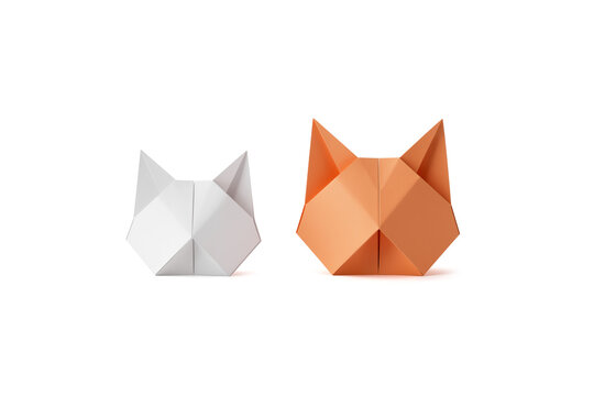 Minimalist Origami Cat Heads, Orange and White, Presented in Wide Shot
