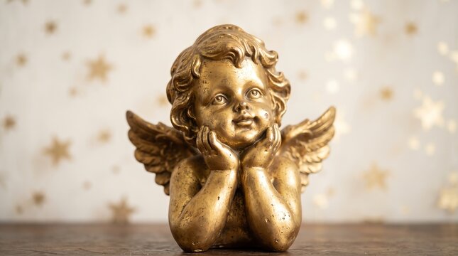 Golden cherub statue with wings on a starry background
