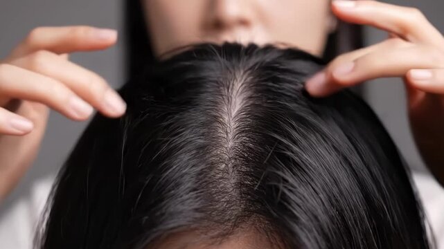 Closeup of a womans scalp with her hands examining her hair