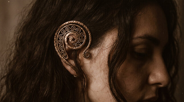 Antique Hammered Bronze Spiral Ear Cuff Tribal Hair Ornament Closeup