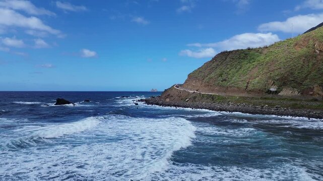 Playa de Alm&aacute;ciga Black Sand Beach and Atlantic Ocean Waves, Tenerife, Canary Islands, Spain