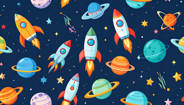 Vibrant seamless pattern with playful cartoon rockets, colorful planets, and twinkling stars on a dark cosmic background, ideal for children's designs, fabrics, and creative space themes