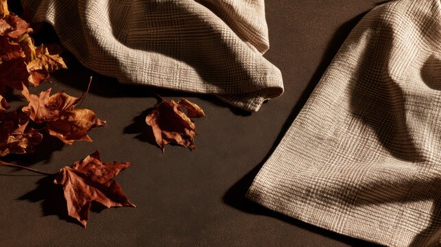 Autumn table setting with dried maple leaves and textured linen napkins for cozy seasonal decor