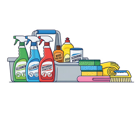 Assortment of Cleaning Supplies and Tools Arranged in a Caddy for Household Chores and Maintenance