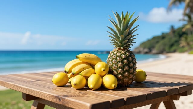 Fresh pineapple and bananas on a wooden table at a tropical beach with ocean and blue sky in the background