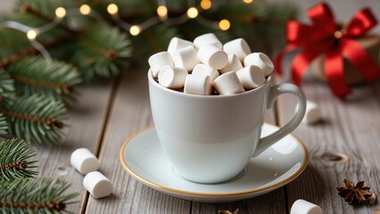 Fototapeta premium White ceramic mug filled with marshmallows on a festive wooden table with holiday decorations and gift wrap in the background