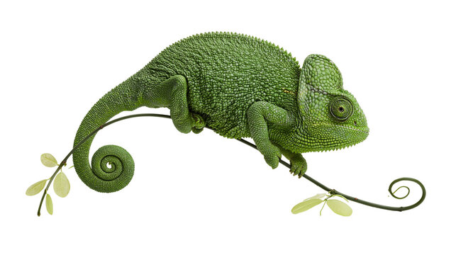 Green chameleon perched on a thin branch with leaves