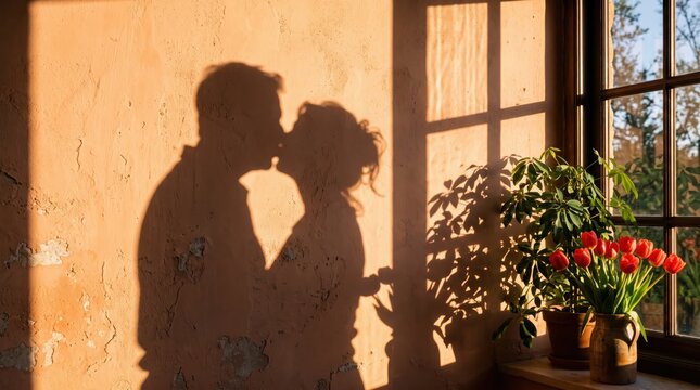 Silhouette of couple kissing projected on sunlit plaster wall beside window with potted tulips; interior scene evokes romance, intimacy and warm afternoon light