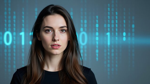 Young woman with long brown hair wearing a black blazer in front of a digital futuristic background with floating blue binary code representing technology and data analysis concept