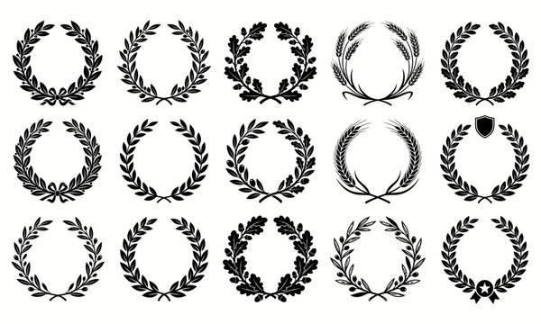 Set of laurel wreaths and floral circular frames