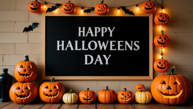 Halloween celebration scene with carved pumpkins, black bat decorations, and a blackboard sign that reads 'Happy Halloween Day', festive orange lighting, seasonal holiday decor, ch