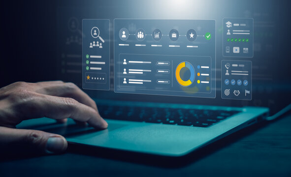 Business professional using a virtual HR dashboard with candidate search, recruitment stages, employee profiles, performance metrics, and hiring analytics for talent acquisition.

