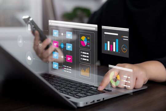 Business professional analyzing a virtual workflow dashboard with process mapping, task automation, performance metrics, and data visualization for efficient business operations.
