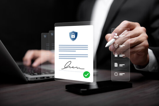 Business professional reviewing a secure digital document with electronic signature, identity verification, approval status, and protected access for contract validation and compliance.
