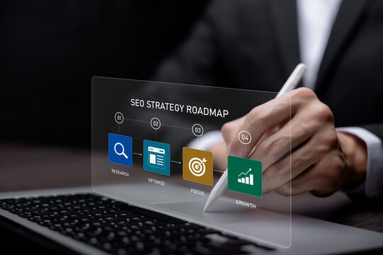 Business professional reviewing an SEO strategy roadmap with keyword research, website optimization, target planning, and growth goals for better search visibility and organic traffic.
