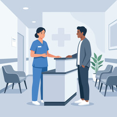 Obraz premium Nurse interacting with patient at hospital reception desk, flat design, modern healthcare concept