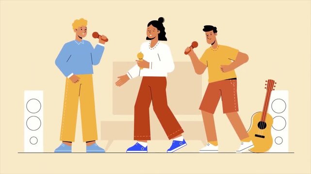 2D Animated Three Friends Singing Karaoke with Microphones and Dancing at Home Flat Vector Character Animation Footage