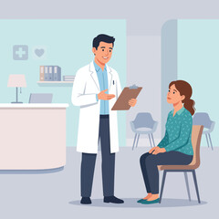 Fototapeta premium Doctor consulting patient in clinic waiting room, flat design vector illustration