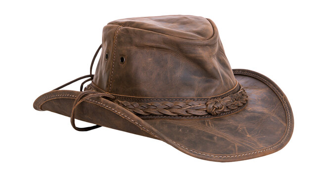 Distressed brown leather cowboy hat with braided band and chin strap
