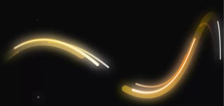 Animated flowing golden light trail with glowing particle streaks and curved wave motion video overlay loop