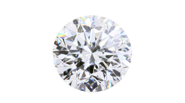 Round brilliant cut diamond with sparkling facets and rainbow light refractions