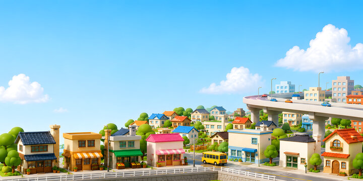 colorful cartoon town with road and bridge