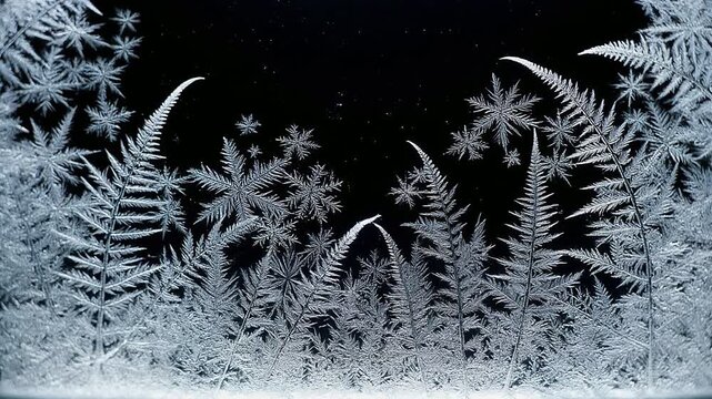 Cinematic Macro Shot of Intricate Frost Patterns Spreading and Growing Across a Frozen Glass Surface in 4K Resolution