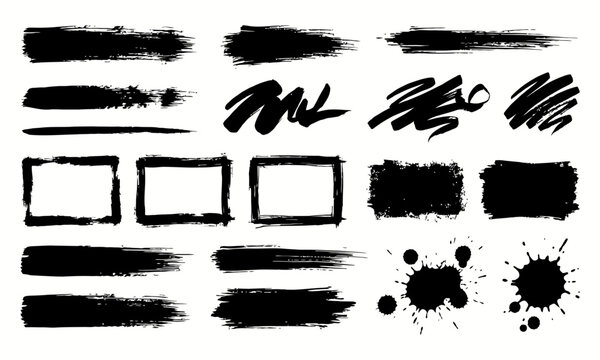 Set of black ink brush strokes, frames, and splatters