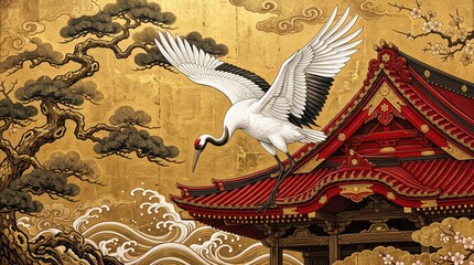 Obraz premium White crane landing on ornate red temple roof against gold background with stylized clouds pine tree silhouettes and traditional japanese decorative motifs