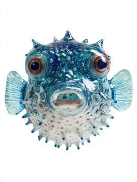 Artistic Glass Pufferfish Sculpture With Intricate Blue And Clear Details On A White Background