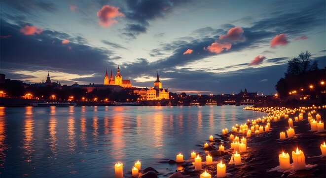 Beautiful evening view of the Vltava river in Prague with many glowing candles lit along the river bank