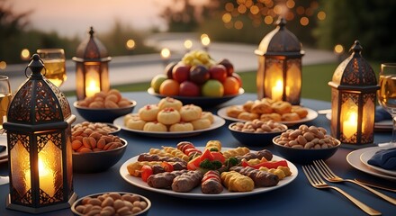 Fototapeta premium Traditional iftar dinner table setting with dates fruits and glowing lanterns for Ramadan celebration at sunset